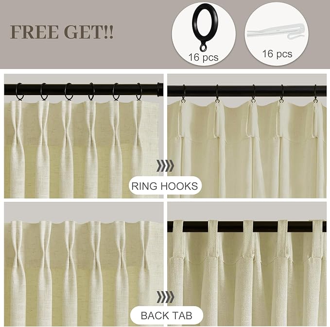 108 Inch Linen Curtains for Living Room, Pinch Pleated Curtain Semi Sheer Light Filtering Memory Trained Modern Window Drapes with Hooks Rings for Bedroom Dining Room, 40W, Grey Beige, 2 Panels