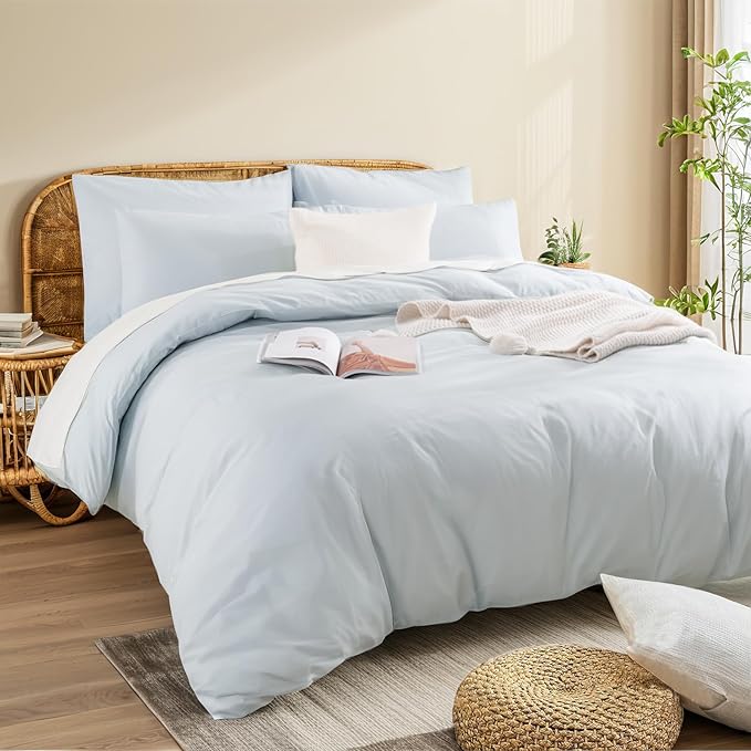 NEXHOME PRO Duvet Cover Set Queen Size Linen Look Textured Natural 100% Organic Cotton Duvet Cover 3 Pieces Bedding Set with Zipper Closure, Soft, Light Baby Blue (No Comforter)