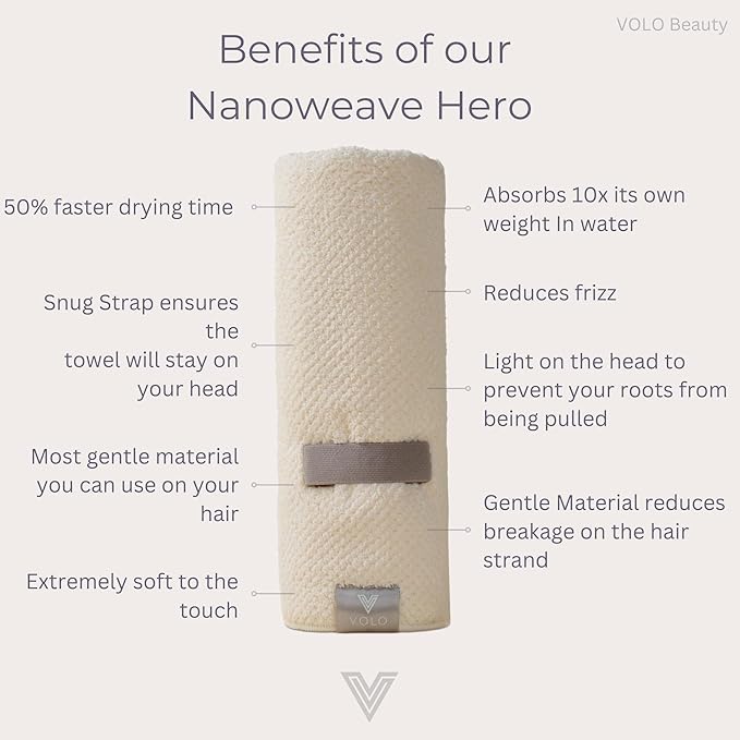 VOLO Hero Hair Towel – Ultra Soft Nanoweave™ Microfiber, Super Absorbent Quick Dry, Reduces Dry Time 50%, Anti-Frizz & Breakage, Secure Snug Strap, Large Wrap for All Hair Types - Salt White