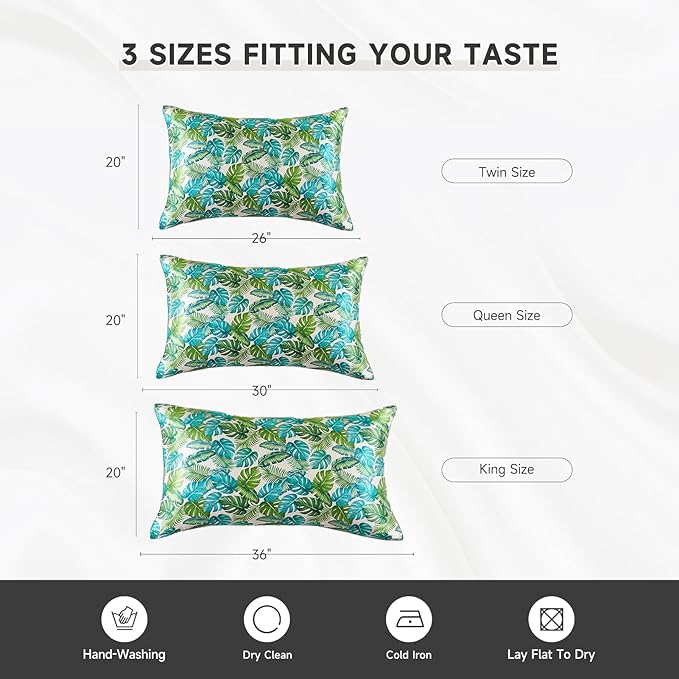 THXSILK Mulberry Silk Pillowcase for Hair and Skin, Grade 6A+ Pure Natural Silk Organic Pillow Cover, Soft and Breathable Zipper Pillowcase, Queen Size 20"x30", Green Monstera Print