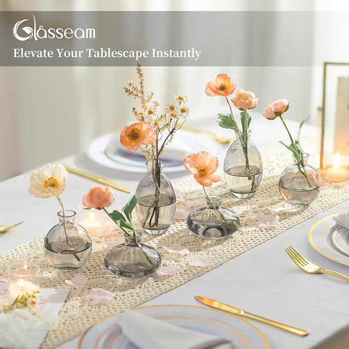 Glass Bud Vase for Centerpieces, 6Pcs/2Sets Glasseam Modern Gray Mini Small Vases for Flowers Bulk Flower Vase Set Aesthetic Cute Handmade Tiny Short Wedding Table Centerpiece Decor