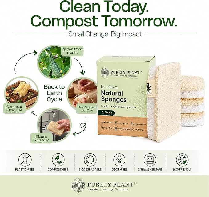 Purely Plant Loofah Dish Sponge 4 Pack– Loofah & Cellulose Premium Kitchen Scrubber, Non Toxic, 100% Plastic Free,Compostable & Biodegradable,Durable, Non-Scratch Scouring Luffa for Dishes, Sink&Tile