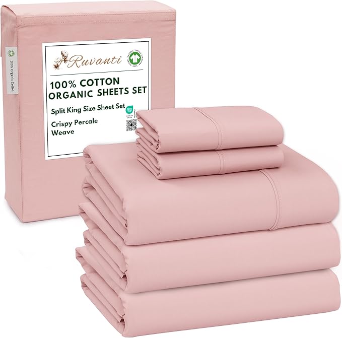 RUVANTI 100% Cotton Organic Percale Sheets Split King Size – Crisp Cooling Bed Sheets for Hot Sleepers, Deep Pocket 15”, Soft Peach Finish, Breathable & Durable Hotel-Style 5 Pcs, Peach Skin