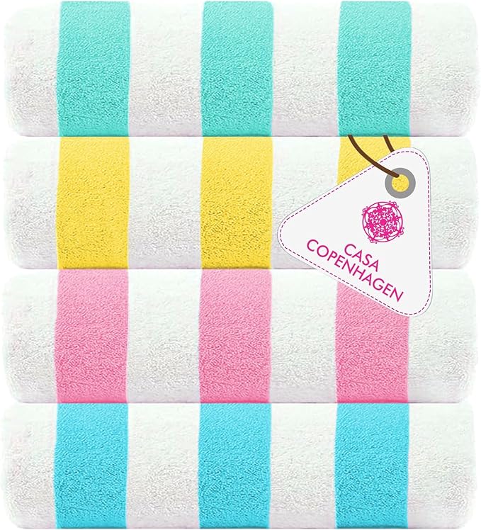 CASA COPENHAGEN Cabana Beach Towel Designed in Denmark Rough and Tough, Quick Dry, Beach, Pool, Bath & Shower 30x60 inches 4 Pieces Cotton Beach Bath Towels Set - Teal, Lemon, Pink, Water Blue
