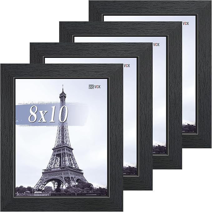 VCK 8x10 Picture Frame Set of 4, Black Wooden Photo Frames with Plexiglass, Vertical Horizontal Wall & Tabletop Display for Home Office Gallery Wall Art Decor
