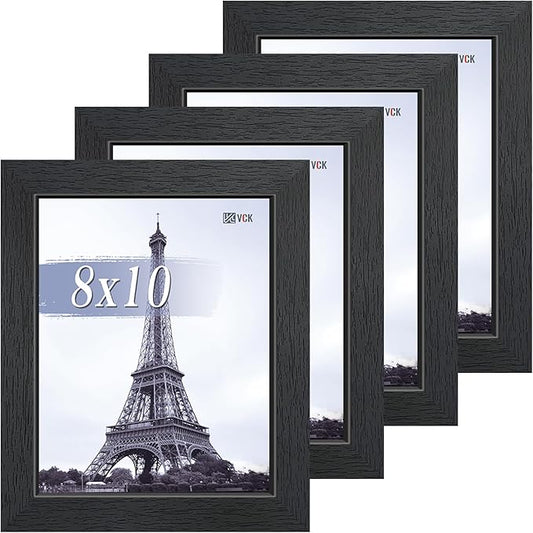 VCK 8x10 Picture Frame Set of 4, Black Wooden Photo Frames with Plexiglass, Vertical Horizontal Wall & Tabletop Display for Home Office Gallery Wall Art Decor