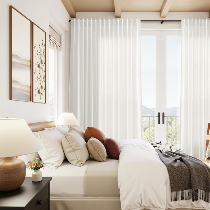 Nanspring Extra Wide Beige White Curtains for Living Room 90 Inches Long Semi Sheer Curtain for Coastal Room Decor Linen Farmhouse Drapes for Bedroom Back Tab and Rod Pocket 100x90, 2 Panels