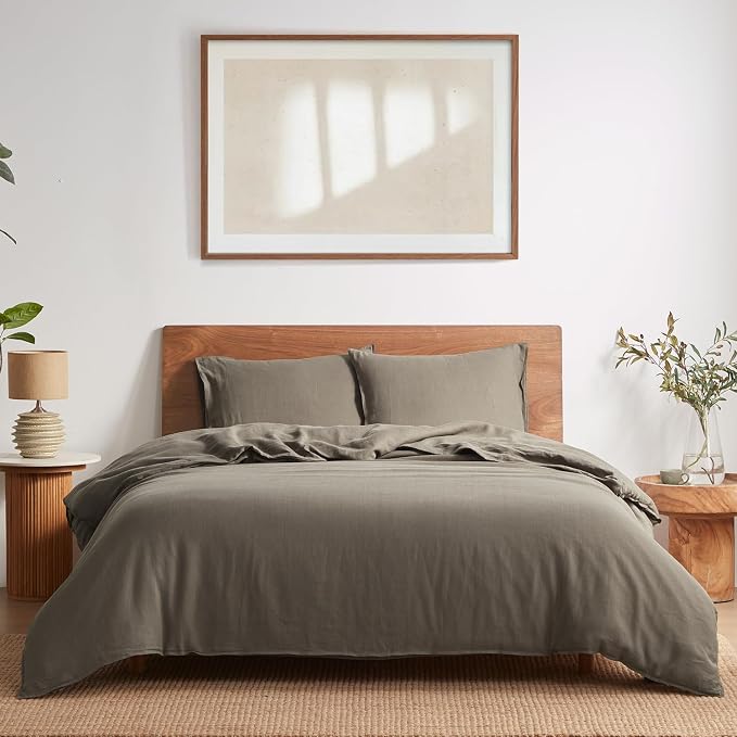 DAPU 100% Linen Duvet Cover Set - Pure Natural French Flax Linen with Corner Ties and Zipper Closure Soft Breathable Durable for Hot Sleepers 1 Duvet Cover 2 Pillowcases (Gray Green, King)
