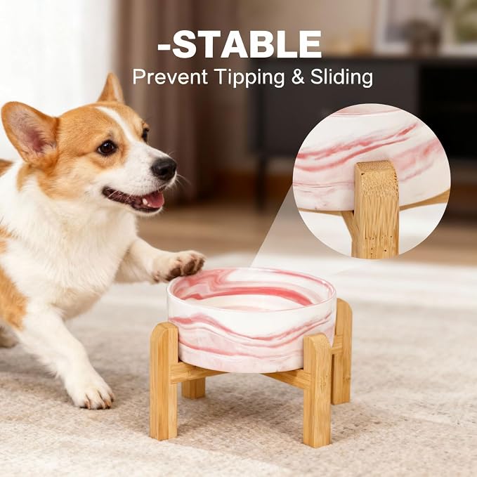 Elevated/Raised Ceramic Dog Bowl with Bamboo Stand,Marble Pattern 7 Inch 7.6 Cups Non Slip Heavy Weighted Single Pet Dish,Anti Tipping,Reduces Neck Strain Marble Pink