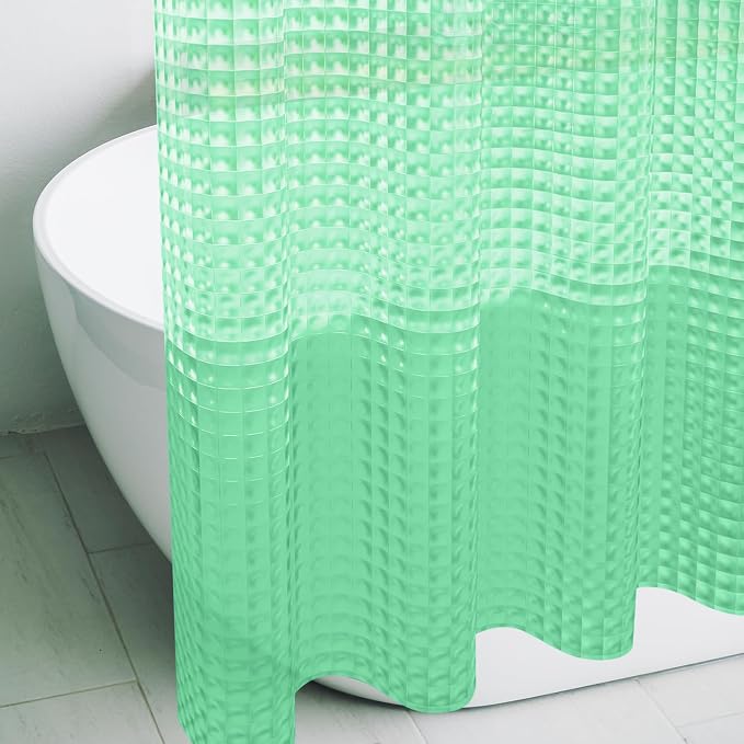 Green 3D Crystal Plastic Shower Curtain Liner, 72x72 Inch Thin Lightweight Ice Cube Plastic Bathroom Shower Showroom Inner Curtain with Rustproof Metal Grommet Holes and Weighted Magnets