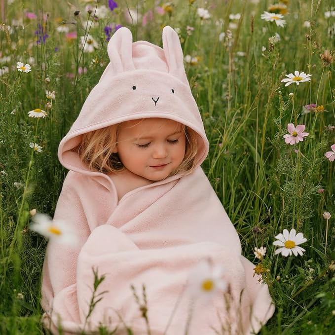 Hooded Baby Towel – 100% Organic Cotton Baby Bath Towels – Baby Girl Newborn Essentials - Super-Soft and Absorbent. (Rabbit - Blush)