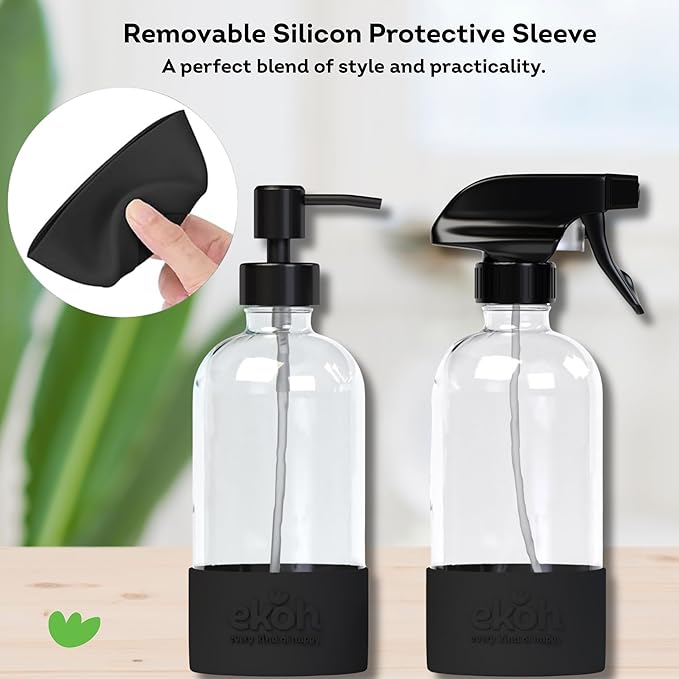 EKOH 2 Pack Glass Countertop Soap Dispensers - Refillable & Reusable with Silicone Protective Base and Preprinted Labels - for Kitchen and Bathroom (Clear)