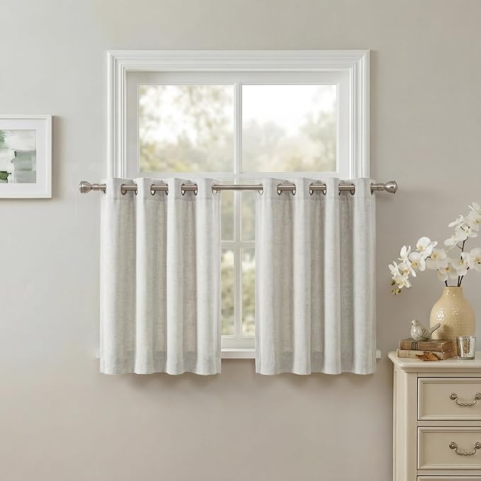 NICETOWN Small Linen Curtains 30 Inches Long, Farmhouse Semi Sheer Light Filtering Kitchen Panels Grommet Short Drapes for Basement/Window/Loft Room, Natural, 2 Panels, 34 x 30 Inch
