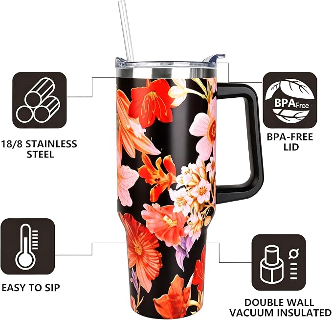 SYACOT 40 oz Tumbler with Handle and Straw Stainless Steel Insulated Tumbler Leak Proof Lid and Straw Lid Reusable Travel Mug Coffee Mug Cup Dishwasher Safe Keep Drinks Cold and Hot (Jasmine)