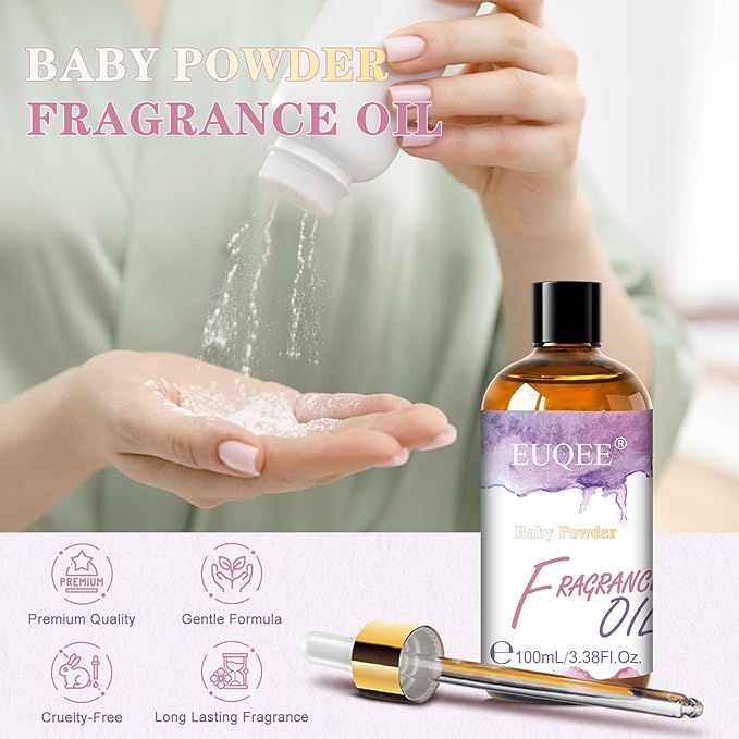 EUQEE Baby Powder Fragrance Oil, 3.38 Fl oz/ 100ml Essential Oils for Diffuser for Home, Candle Making, DIY Soap with Glass Dropper