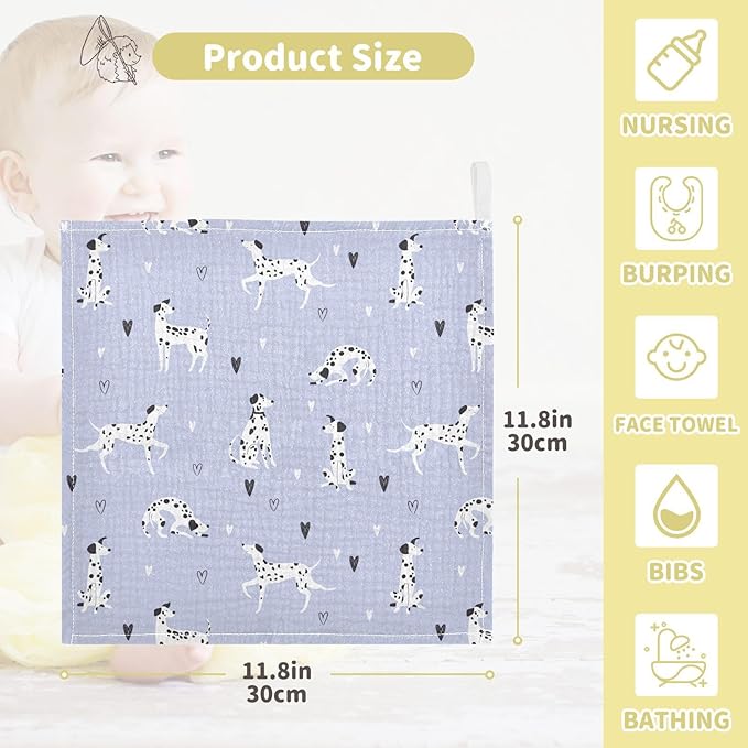 Baby Cartoon Dalmatian Dogs Muslin Washcloths 3 Pack - Muslin Burp Cloths Hanky Large 11.8"X11.8" Extra Soft Absorbent Baby Burp Rags for Newborn 100% Cotton for Boys Girls Gift