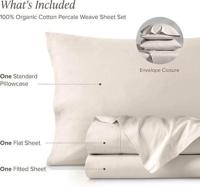 Bare Home 100% Organic Cotton Twin Sheet Set - Crisp Percale Weave - Lightweight & Breathable - Bedding Sheets & Pillowcases (Twin, French Beige)