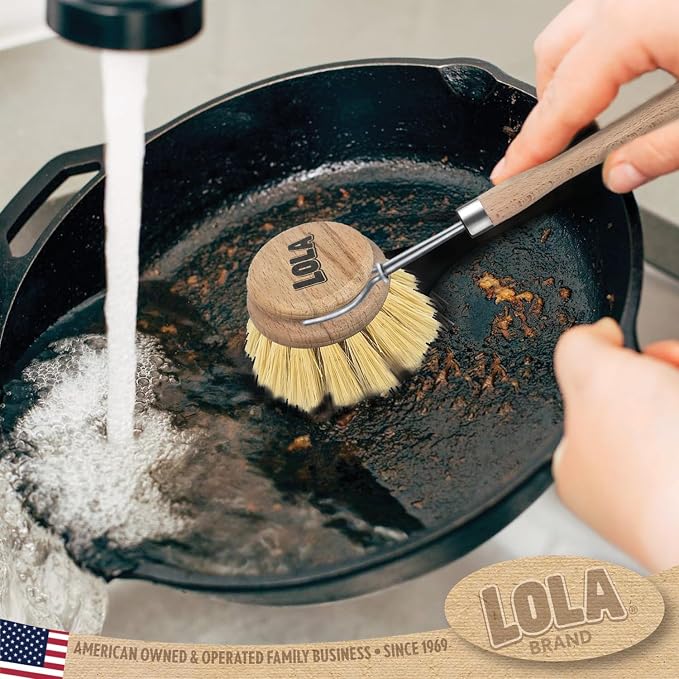 LOLA - The Original- Pot & Pan Brush, Heavy Duty Brass Wire & Tampico Bristles, Handle Made from Sustainable Birch Wood for Cleaning, 1 Count