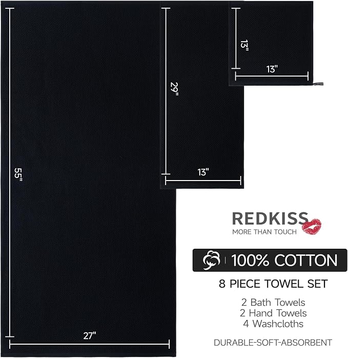 REDKISS Quick Dry Waffle Towel Set of 8, 100% Cotton,Lightweight & Highly Absorbent Waffle Towels for Bathroom, Spa, Gym, Pool-2 Bath Towels, 2 Hand Towels & 4 Washcloths,Black
