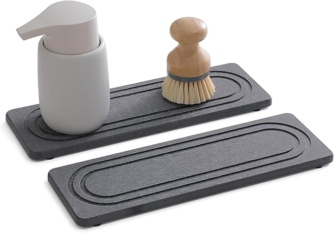 2PCS Water Absorbing Stone Tray for Sink, Quick Drying Diatomite Bathroom Tray Countertop, Stone Drying Mat for Kitchen Counter Faucet, Soap Dish Dispenser Vanity Organizer, Dark Gray-11.8" x 4"