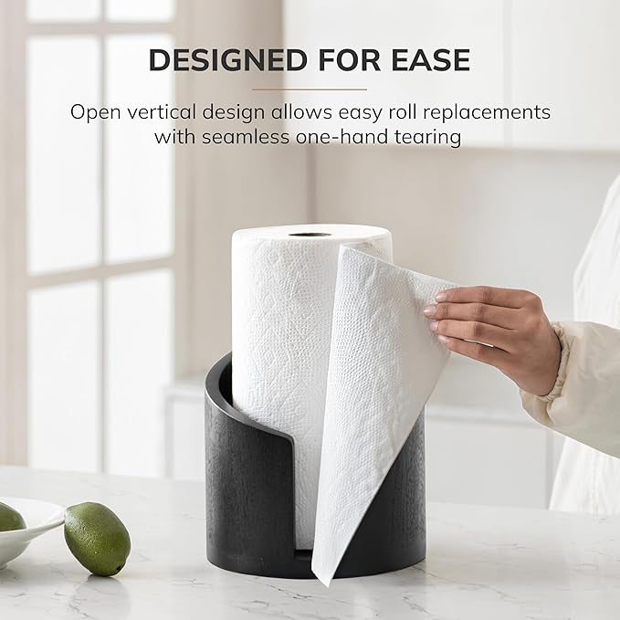 Anji Mountain Wooden Paper Towel Holder Countertop with Mango Wood Round Base and Iron Holder, Holder Stand for Kitchen Roll Organizer & Kitchen Dining Table Home Decor - Black/Black, Classic