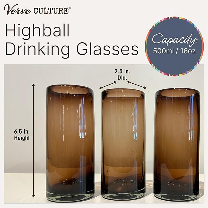 Verve CULTURE Mexican Hand Blown Highball Glasses, Unique Handmade Glassware, Drinking Glass Cups for Cocktails, Juice, Mixed Drinks, Elegant Tabletop Drinkware, Set of 4 (Tamarind, 16 oz)