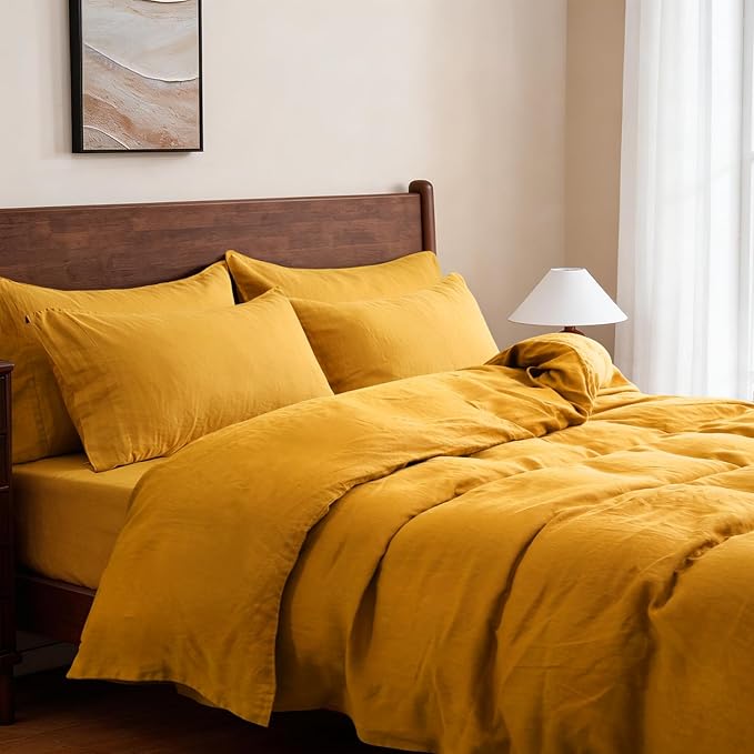 S VICTORY SYMBOL 100% Organic Linen Duvet Cover Set 3 Pieces,Stone Washed French Flax Bedding Set,1 Comforter Cover and 2 Pillowcase,(Yellow,Queen) Soft,Breathable