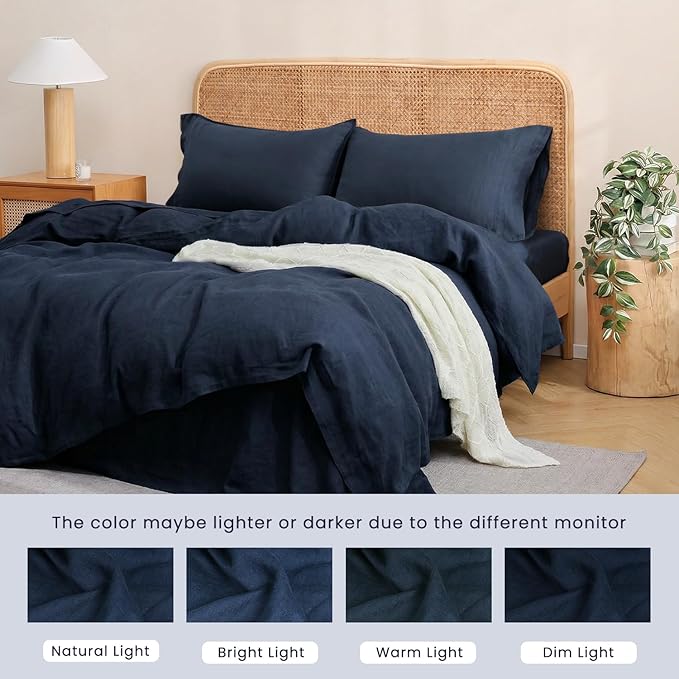 S VICTORY SYMBOL 100% Organic Linen Duvet Cover Set King Size,Stonewashed French Flax Bedding Set 3pcs,1 Comforter Cover+2 Pillowcase(Navy) Soft Breathable