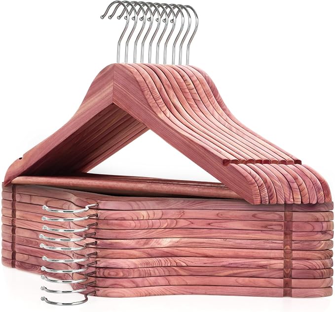 TOPIA HANGER 20-Pack American Red Cedar Wooden Hangers, Clothes Hangers for Closet, Wood Coat Hanger with Smooth Cut Notches, 360° Swivel Hook, Non-Slip Pants Bar-CT54C20