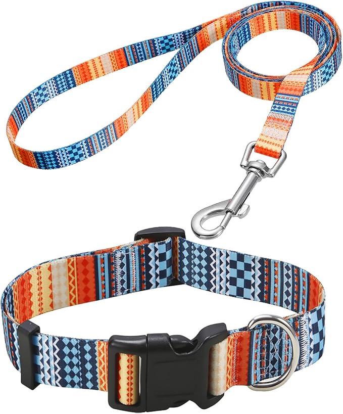 Mihqy Dog Collar and Leash Set with Bohemia Floral Tribal Geometric Patterns - Soft Ethnic Style Collar Adjustable for Small Medium Large Dogs(Bohemian Orange Set,L)