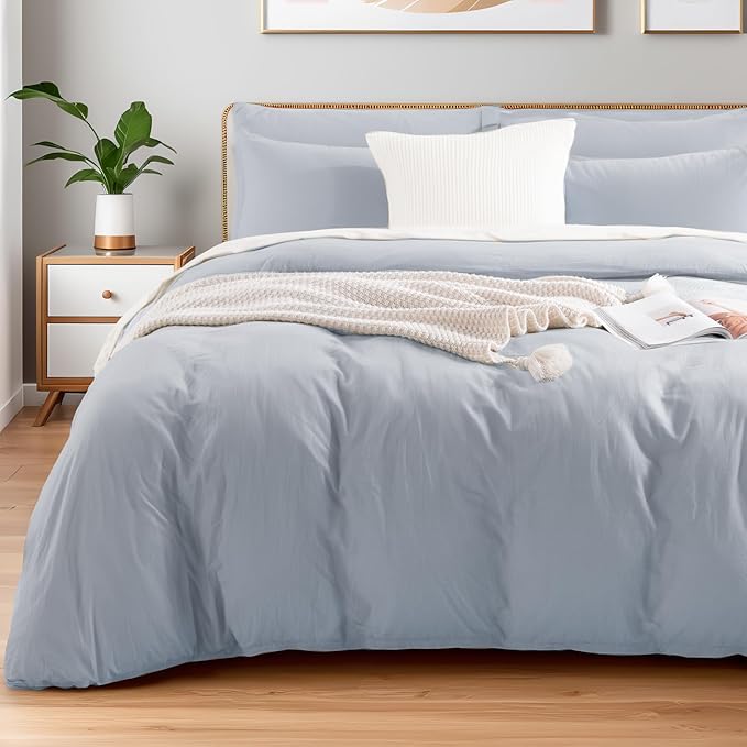 NEXHOME PRO Full Duvet Cover Set, 100% Washed Cotton with Linen-Like Texture, Natural Organic, Breathable & Comfortable, Includes Home Bedding Set Cornflower Blue (No Comforter) 80"x90"