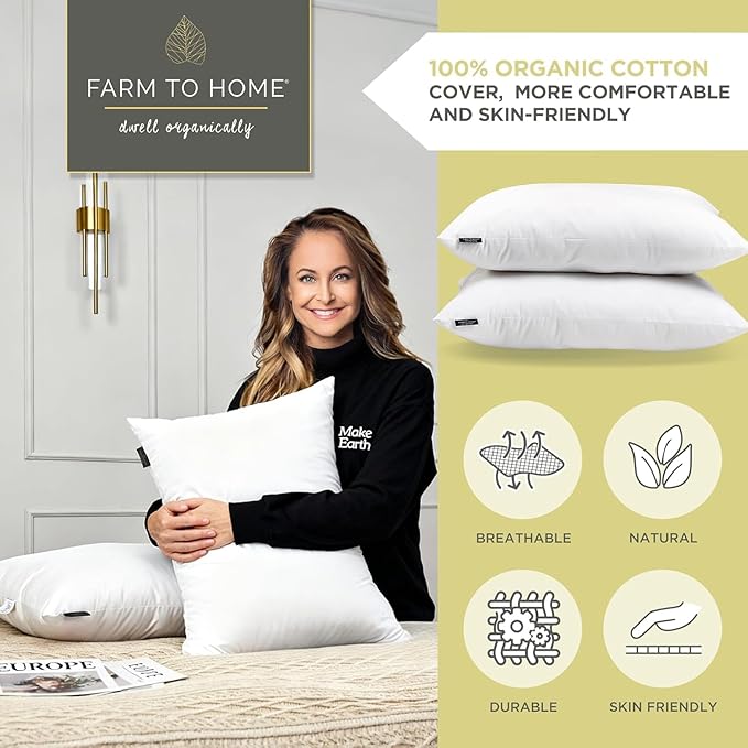 Farm To Home 100% Organic Cotton Cover Pillows Queen/Standard Size Set of 2, Down Alternative Hotel Quality Soft Bed Pillow for Back & Side Sleepers, Machine Washable, 20"x28", White