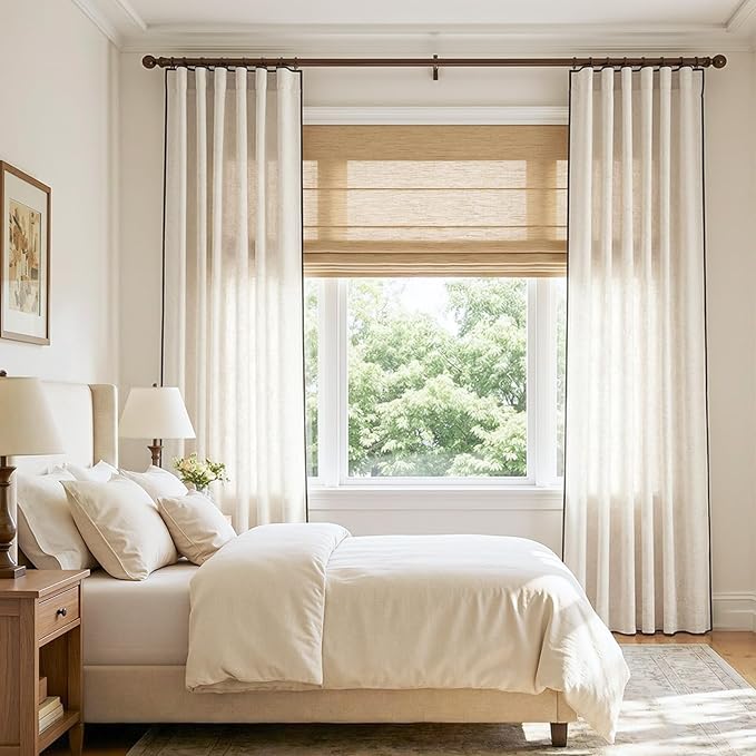 jinchan Beige Linen Blend Curtains with Black Trim, French Style Drapes for Living Room Bedroom 2 Panels 84 Inches Length Neutral Curtains Farmhouse Modern Window Treatment with Rod Pocket Back Tab