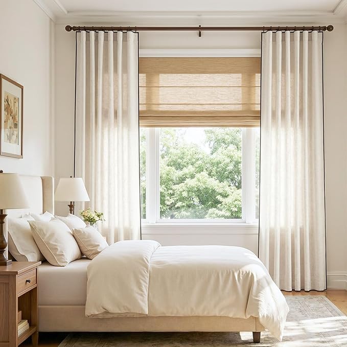 jinchan Beige Linen Blend Curtains with Black Trim, French Style Drapes for Living Room Bedroom 2 Panels 90 Inches Length Neutral Curtains Farmhouse Modern Window Treatment with Rod Pocket Back Tab