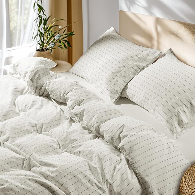 SONORO KATE 100% French Linen Duvet Cover King Size, Soft Breathable for Hot Sleepers, Moisture Wicking & Durable Cover Set - Zipper Closure & 4 Corner Ties - 3 PC (White & Dark Grey Stripes)