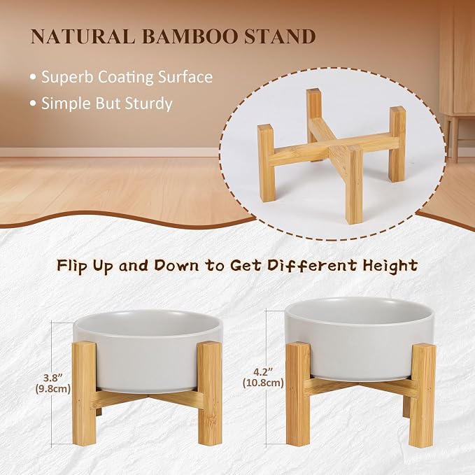 Elevated Ceramic Cat Bowl - Cat Food Bowl with Bamboo Stand - Raised Dog Dish for Puppies - Anti Vomiting, Stress Free - 13.5 oz / 400 ml - Pink