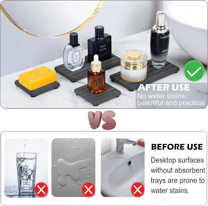 3PCS Stone Drying Tray, Stone Soap Tray, Water Absorbing Stones Trays for Sink, Fast Dry Diatomite Stones Sink Mat, Used for Hand Soap,Sponge,Toothbrush Holder in Bathroom Counter and Kitchen Sinks