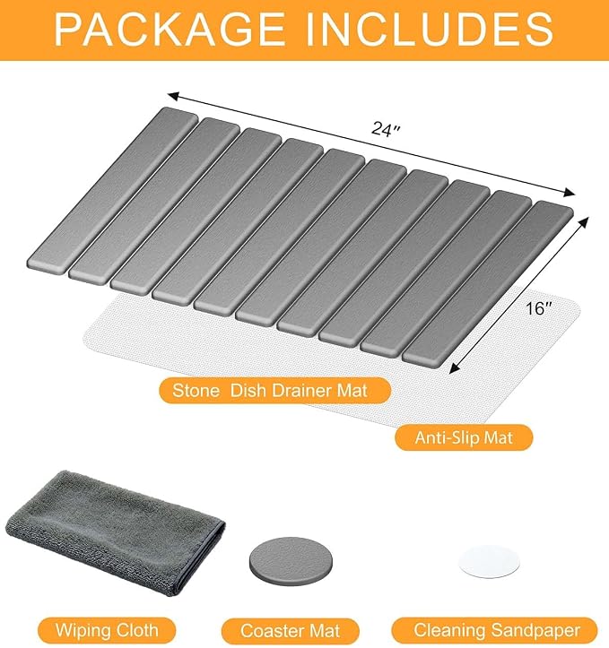 Stone Dish Drying Mat for Kitchen Counter, 24"(L)×16"(W) Collapsible Fast Drying Diatomaceous Earth Mats with Towel Sanding Tool,Versatile Stone Drying Mats for Cups Dishes Bottles Bathroom -Gray
