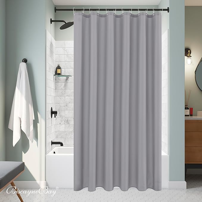 Biscaynebay Extra Long Fabric Shower Curtain Liner 72 Inch Width by 84 Inch Length, Silver Grey Water Resistant Bathroom Curtains, Rust Resistant Grommets Top Weighted Bottom Machine Washable
