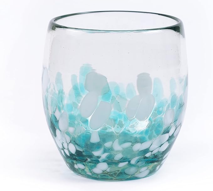 9 oz Hand Blown Mexican Drinking Glasses - Set of 6, 9 fl oz each, Ocean Blue Confetti