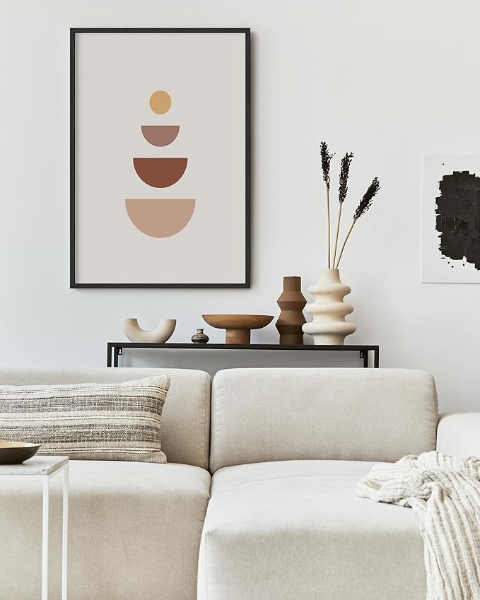 Minimalist Geometric Wall Art Stacked Semi-Circle Shapes Earth Tones Terracotta Brown Mid Century Modern 24x36 Inch Oak Wood Black Framed Abstract Print for Office