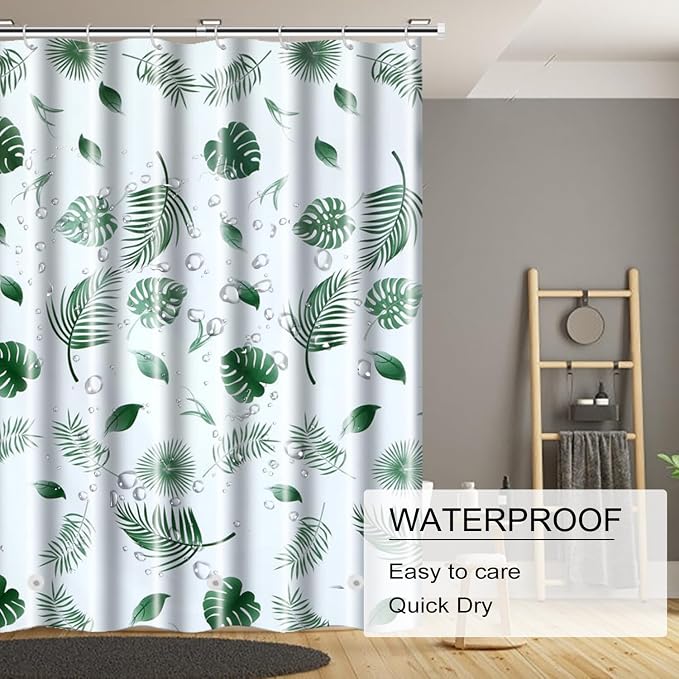 TIKABC Shower Curtain Liner, 4G PEVA Shower Liner, Plastic Waterproof Shower Curtains, with Grommet Holes and 3 Magnetic Weights(Green Leaf)