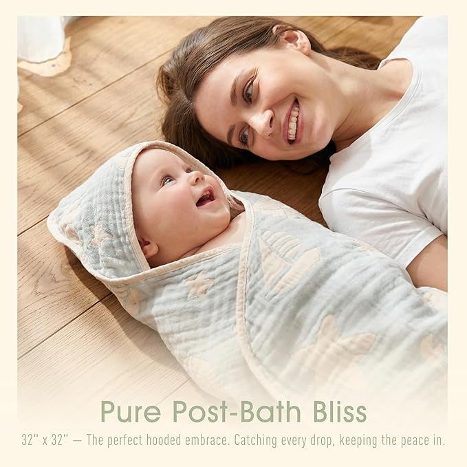 Ultra-Soft Muslin Baby Hooded Towel - 32 x 32 Inches, Ideal for Bath & Beach, Suitable for Both Boys & Girls from Newborns to Toddlers