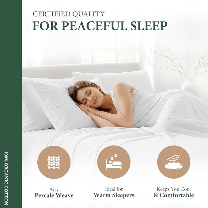 100% Organic Cotton Sheets Twin Size - Organic Cotton Twin Size Percale Weave Sheet Set (3 PC, Blush), Soft, Cooling, Crisp & Breathable, 16" Deep Pocket Hotel Quality Bedding Set