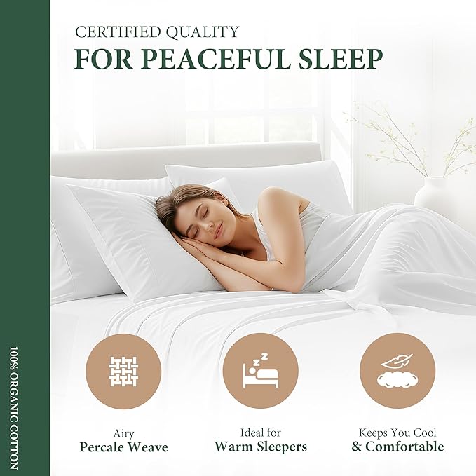 100% Organic Cotton Sheets Twin XL Size - Organic Cotton Twin XL Size Percale Weave Sheet Set (3 PC, Taupe), Soft, Cooling, Crisp & Breathable, 16" Deep Pocket Hotel Bedding Set