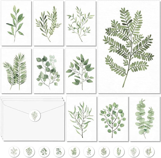 100PCS Greenery Blank Cards and Envelopes Bulk 4x6 Inch Watercolor Botanical Greeting Cards With Envelopes Stickers Green Leaves Plants Thank You Note Card For Birthday Baby Bridal Shower Wedding