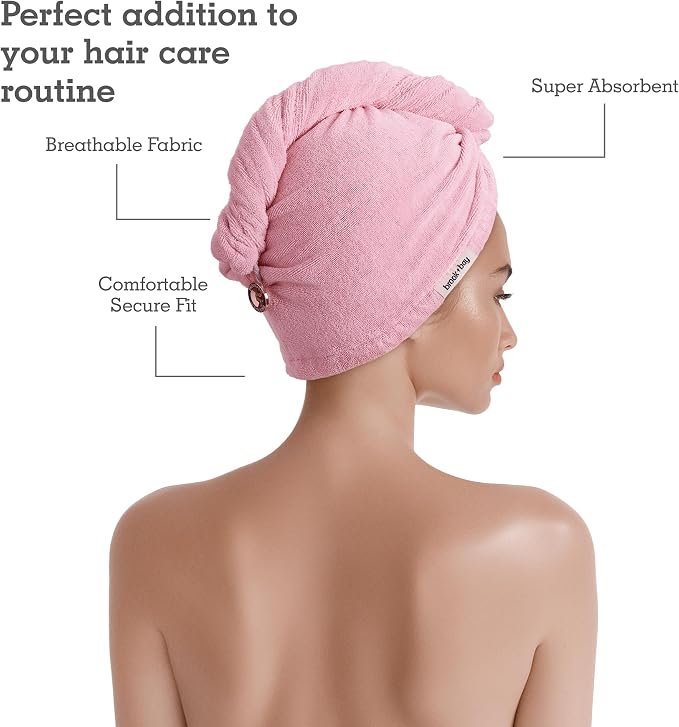 Brook + Bay Microfiber Hair Towel Wrap - Quick Dry Microfiber Towel for Hair - Anti-Frizz Plopping Turban - Machine Washable - Pink