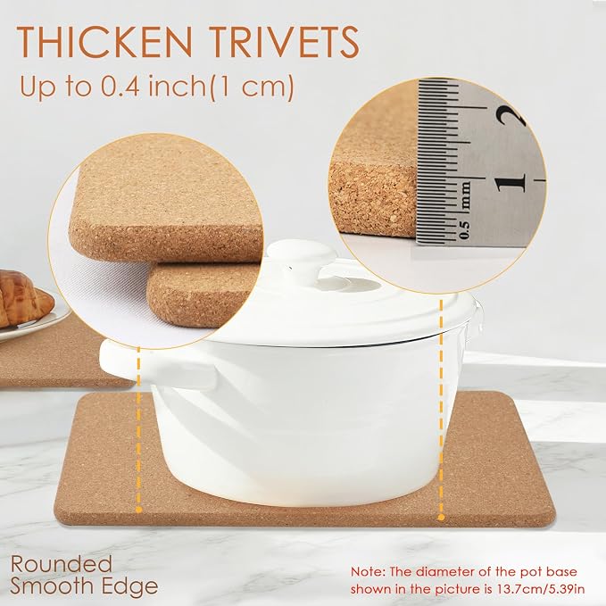 Rectangle Cork Trivets for Hot Dishes, 12" x 7" High-Density Thick Cork Hot Pads Placemats for Pots and Pans, Heat Resistant Hot Pads for Kitchen Countertop Table,2 Pcs Cork Coaster