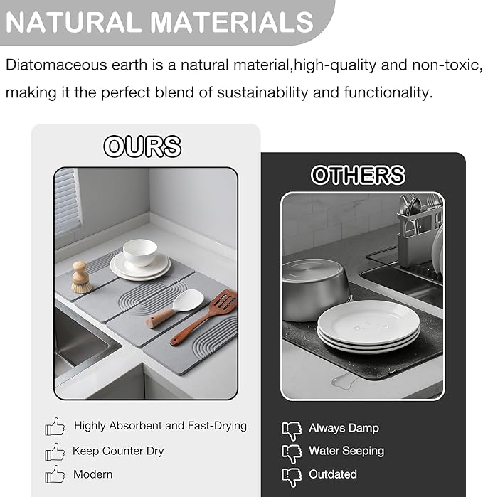 23.6"×15.7" Diatomaceous Earth Stone Dish Drying Mat, Foldable Super Absorbent Quick Dry Non-Slip Eco-Friendly Pad for Kitchen Counter, Dishes, Cups, Bottles & Utensils, Light Gray