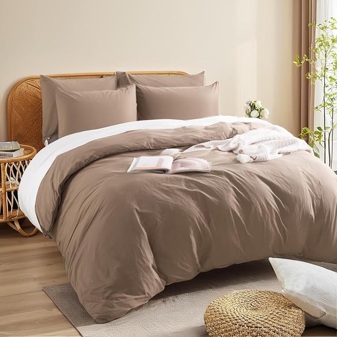 NEXHOME PRO 100% Washed Cotton Duvet Cover Twin Size, Ogranic Natural Linen Feel Breathable Bedding Set with Zipper Closure, 2 Pieces Duvet Cover Set Toffee (No Comfortert) 6890